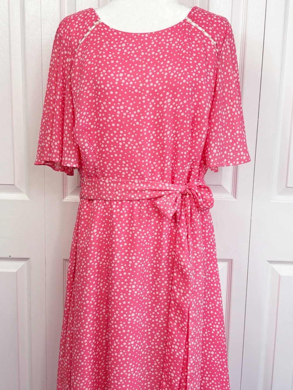 R&K Pink & White Polka Dot Faux Pearl Trim Flutter Sleeve Midi Dress 20W